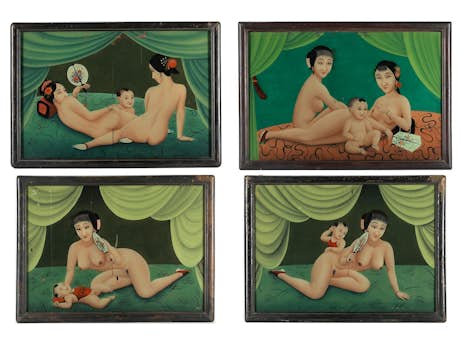 Serie von vier Hinterglasbildern mit erotischen Darstellungen